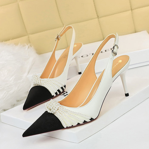 Retro style color matching pointed shallow mouth pearl bow stiletto heels