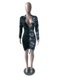 Color matching stretch sexy deep V-neck camouflage dress