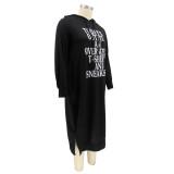 Large size loose mid-length letter skirt printed hooded sweater dress