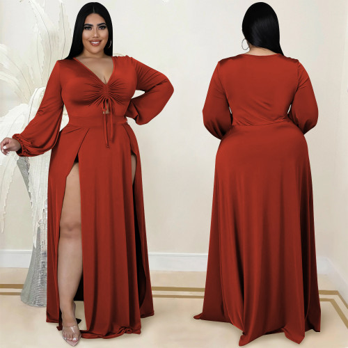 2022 spring fashion solid color large women's dress V-Neck long sleeve hollow out bandage split long skirt dress