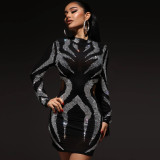 2021 autumn and winter new hot drill mesh perspective round neck long sleeve hollow out middle skirt dress