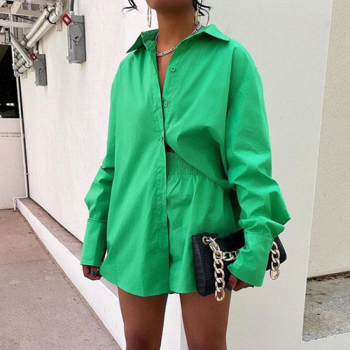Casual loose solid color shirt shorts two-piece suit