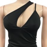 2022 spring / summer fashion sexy solid color diagonal collar single shoulder sling sleeveless split dress dress