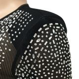 2021 autumn and winter fashion nightclub hot drill women's dress mesh perspective long sleeve split skirt dress