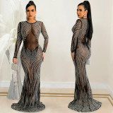 2022 spring nightclub style sexy hot drill mesh perspective long sleeve long skirt dress