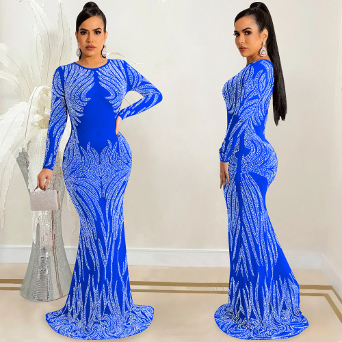 2022 spring nightclub style sexy hot drill mesh perspective long sleeve long skirt dress