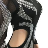 2021 autumn and winter new hot drill mesh perspective round neck long sleeve hollow out middle skirt dress