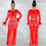 2022 spring and summer fashion nightclub Party Hot diamond women's mesh perspective long sleeve long skirt dress