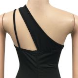 2022 spring / summer fashion sexy solid color diagonal collar single shoulder sling sleeveless split dress dress