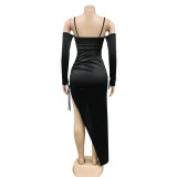 2022 spring / summer fashion solid color sexy suspender wrap chest middle sleeve split drawstring dress