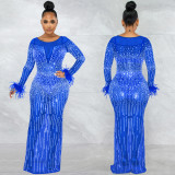 2022 spring and summer fashion nightclub Party Hot diamond women's mesh perspective long sleeve long skirt dress