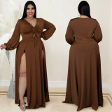 2022 spring fashion solid color large women's dress V-Neck long sleeve hollow out bandage split long skirt dress