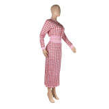 2021 autumn winter women's digital printed thread long sleeve Hip Wrap Skirt two-piece set