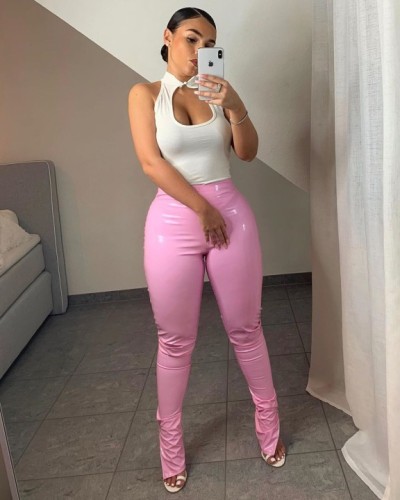 2021 autumn and winter women's new sexy tight high elastic solid color micro horn leisure side split PU leather pants