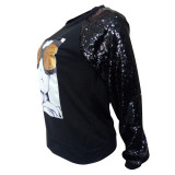 2021 autumn winter women's fashion casual Sequin print stitched long sleeve top sweater
