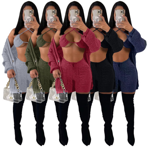 2021 autumn winter women's nightclub sweater coat underwear Pocket Shorts three piece set