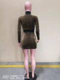 Sexy Button Houndstooth Gold Thread Jacquard Long Sleeve Slim Fit Dress