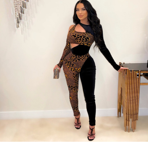 2022 spring women's leopard print hollow out stitching sexy long sleeve Jumpsuit tights