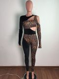 2022 spring women's leopard print hollow out stitching sexy long sleeve Jumpsuit tights