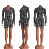Houndstooth sexy V-neck tight-fitting hip dress with belt