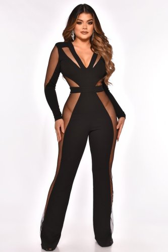 2021 spring women's mesh stitching sexy long sleeve V-neck Jumpsuit wide leg pants