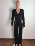 2021 spring women's mesh stitching sexy long sleeve V-neck Jumpsuit wide leg pants