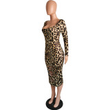 2022 leopard print new fashion sexy hollow out U-neck Long Sleeve Dress