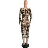 2022 leopard print new fashion sexy hollow out U-neck Long Sleeve Dress