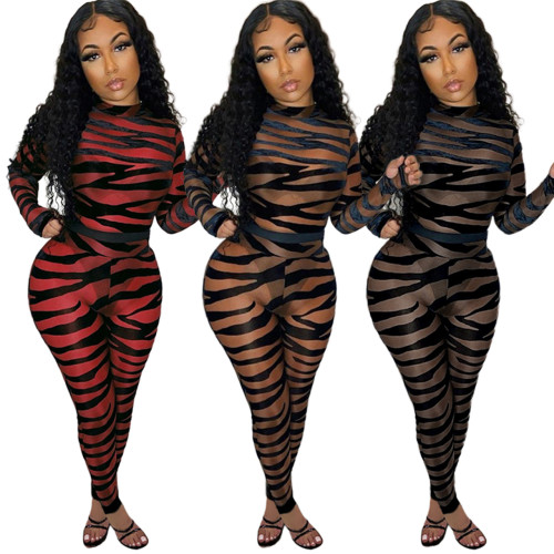 Spring / summer 2022 New Stripe printing perspective mesh sexy Jumpsuit