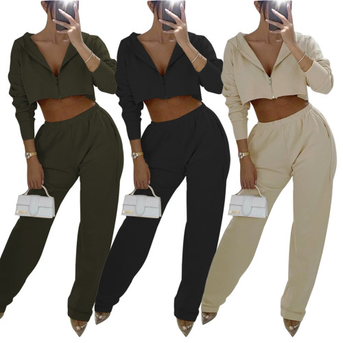 Hooded Sweater + Wide Leg Pants Two-piece Set (Sweater Fabric)