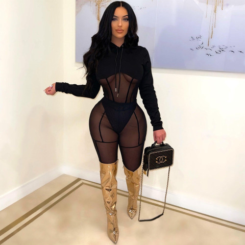 2022 spring sexy perspective gauze long sleeve two-piece nightclub suit