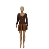 Casual solid color pleated pu leather short skirt long sleeve pit cloth two-piece set