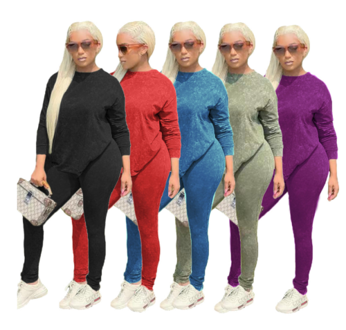 2021 Round Neck Plush Print Ladies Slim High Stretch Casual Sports Suit