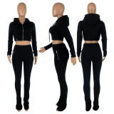 Zipper style piled sleeves piled trousers cropped plus velvet sweater two-piece suit