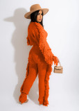 autumn winter new women's casual solid color knitted long sleeve tassel set
