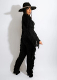 autumn winter new women's casual solid color knitted long sleeve tassel set