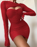 2021 new sexy mesh hollow out perspective pleated long sleeve Hip Wrap Dress