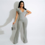 Sexy Explosive Solid Color Flared Pants Short Sleeve Jumpsuit