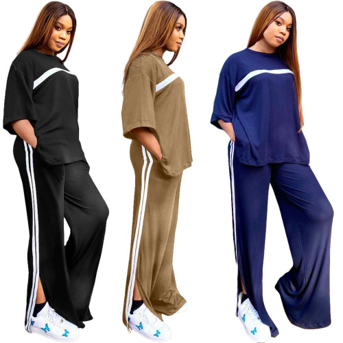 2022 spring / summer style large women's loose casual sports two-piece set slit stripe splicing Pants Set