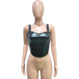 Solid Color PU Leather Sleeveless Sling Wrapped Chest Zipper Tank Top