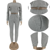 2021 autumn and winter sweater cotton solid color open waist fashion leisure suit two piece set