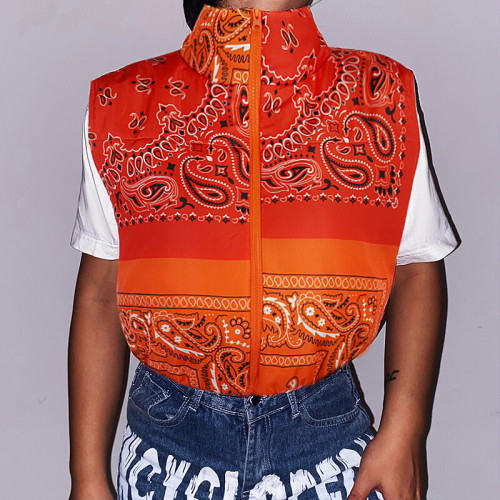 winter contrast color thickened zipper print turtleneck cotton vest