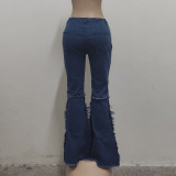 paneled ripped washed flared jeans