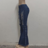 paneled ripped washed flared jeans