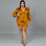 Solid color large size deep V neck dress