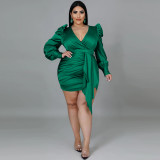 Solid color large size deep V neck dress
