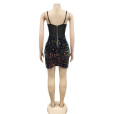 Sling Sequin Mesh Yarn Perspective Zipper Midi Dress