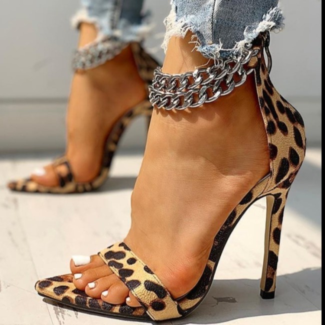 2022 Summer Anklet Chain Leopard Print High Heel Sandals
