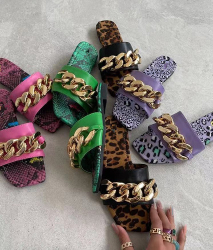 Summer snake-print leopard-print peep-toe flat sandals