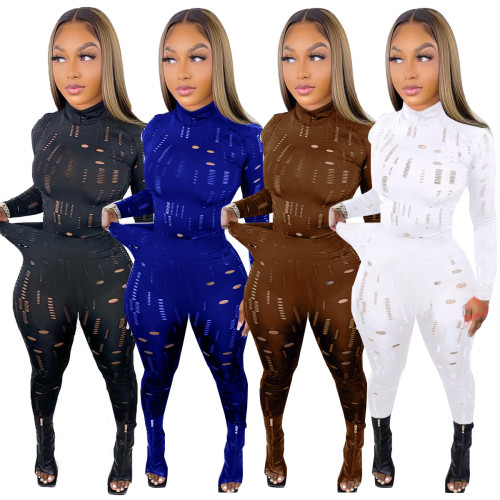 Elastic hole high-neck long-sleeved top and foot pants suit
